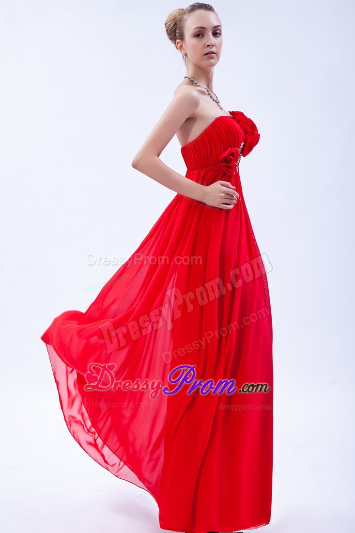 Red One Shoulder Empire Prom Dress with Beading and Hand Flowers