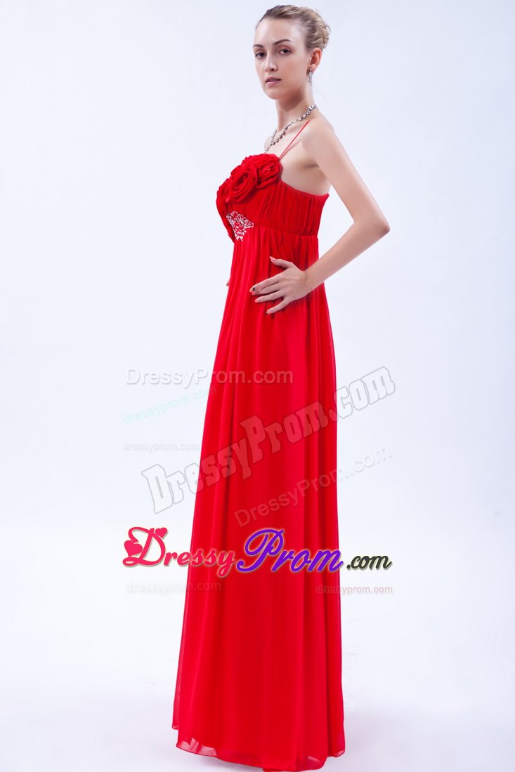 Red One Shoulder Empire Prom Dress with Beading and Hand Flowers