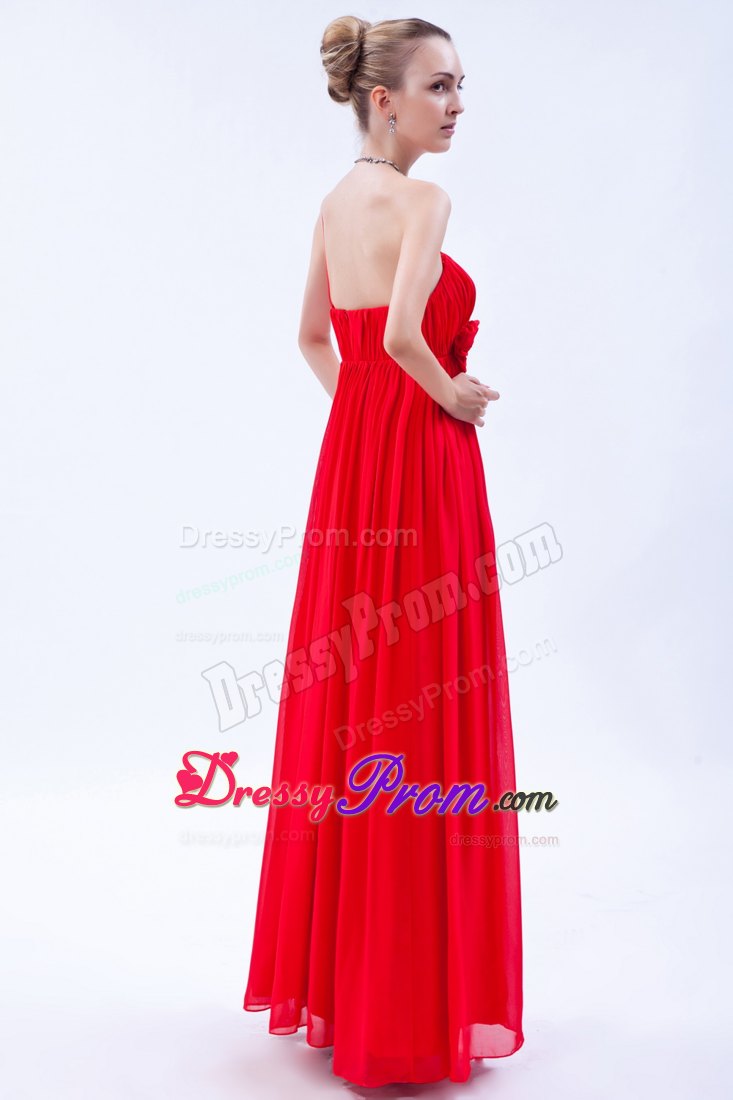 Red One Shoulder Empire Prom Dress with Beading and Hand Flowers
