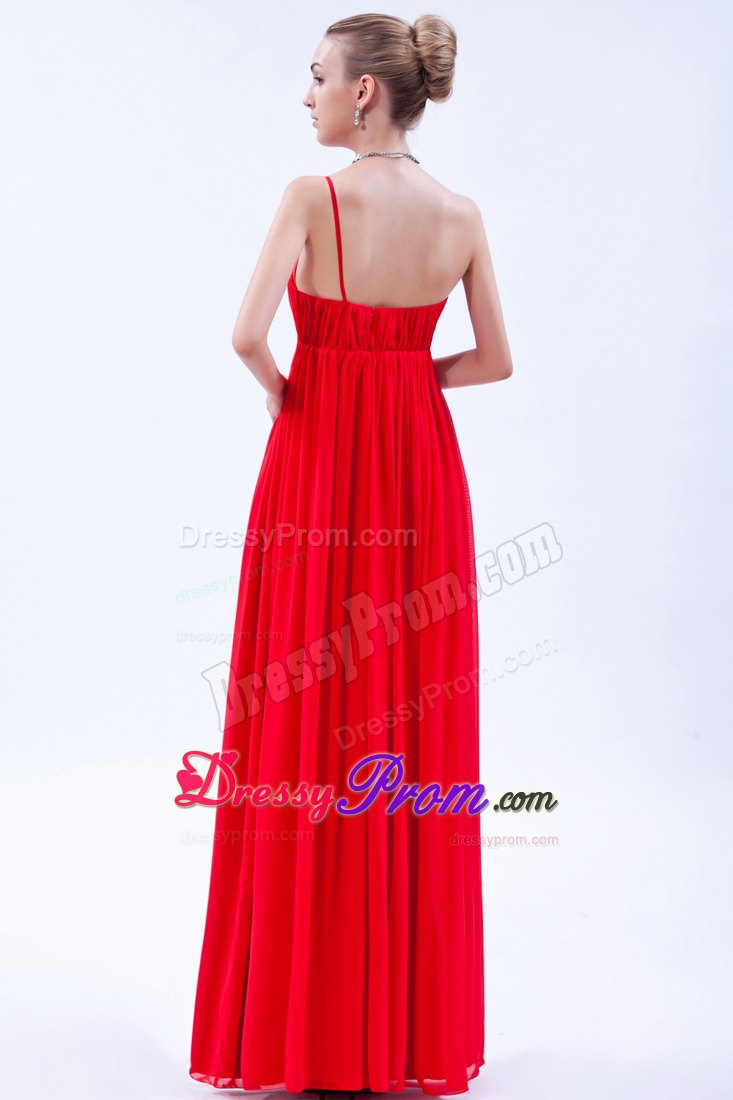 Red One Shoulder Empire Prom Dress with Beading and Hand Flowers
