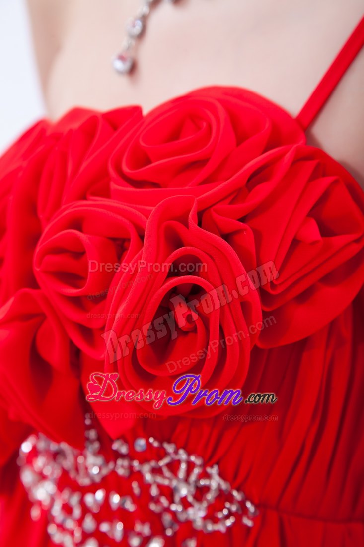 Red One Shoulder Empire Prom Dress with Beading and Hand Flowers