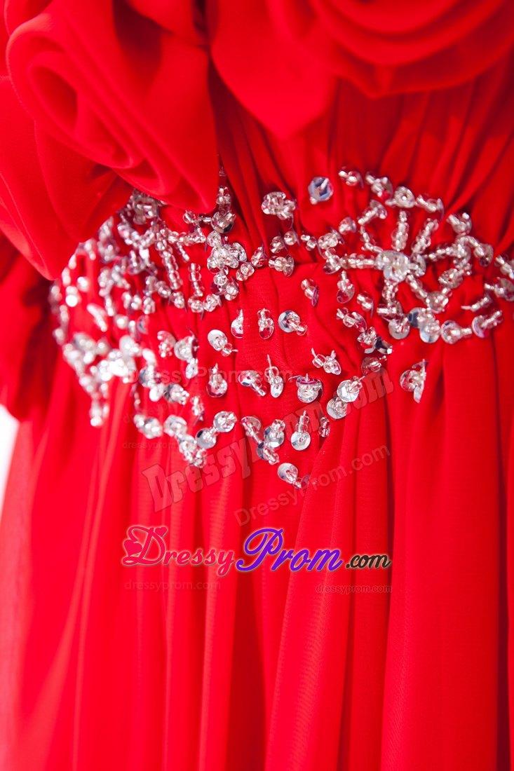 Red One Shoulder Empire Prom Dress with Beading and Hand Flowers