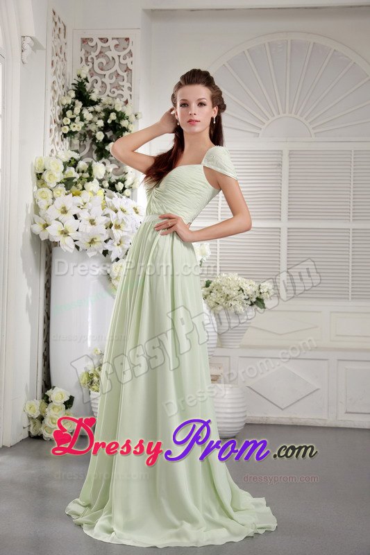 Apple Green Empire Off The Shoulder Ruched Prom Dress in Chiffon