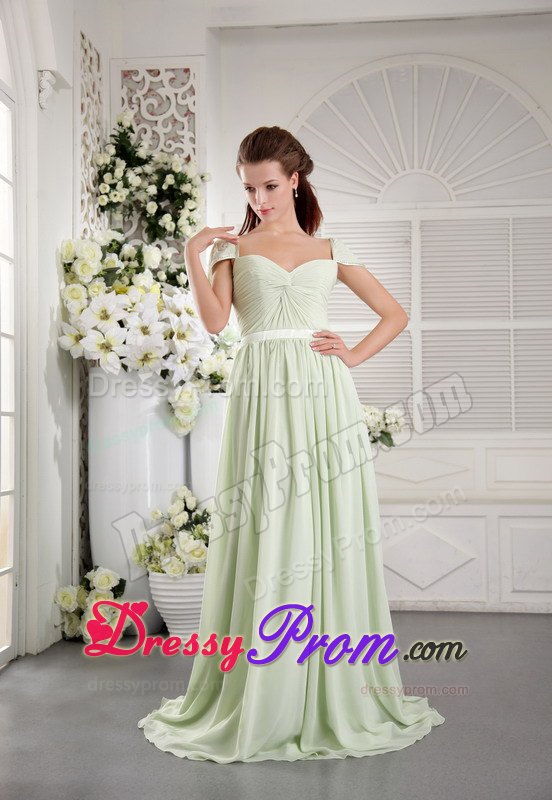 Apple Green Empire Off The Shoulder Ruched Prom Dress in Chiffon