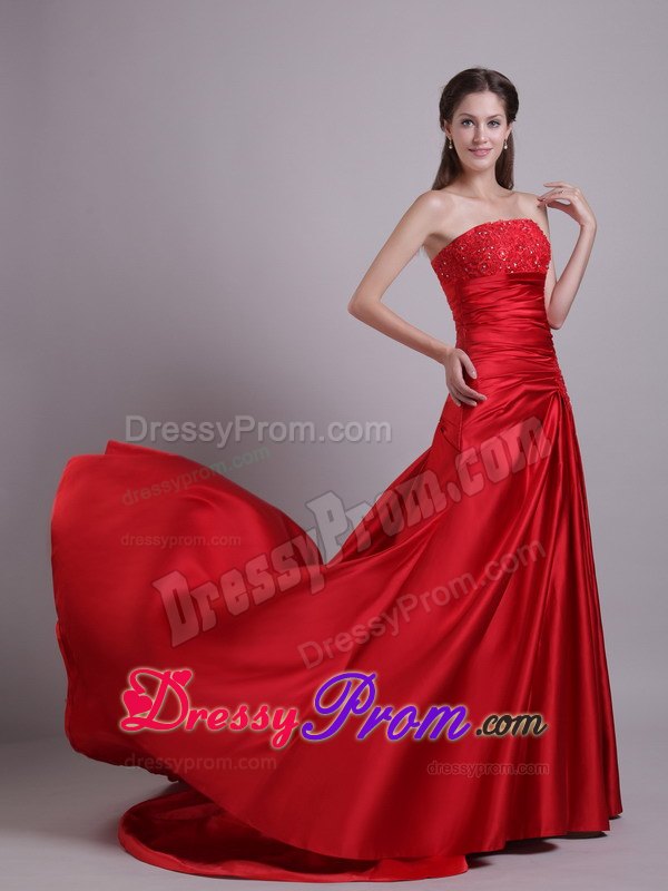 Red Empire Strapless Court Train Beading and Ruche Prom Dress