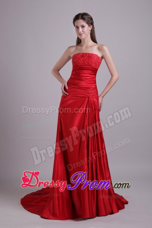Red Empire Strapless Court Train Beading and Ruche Prom Dress
