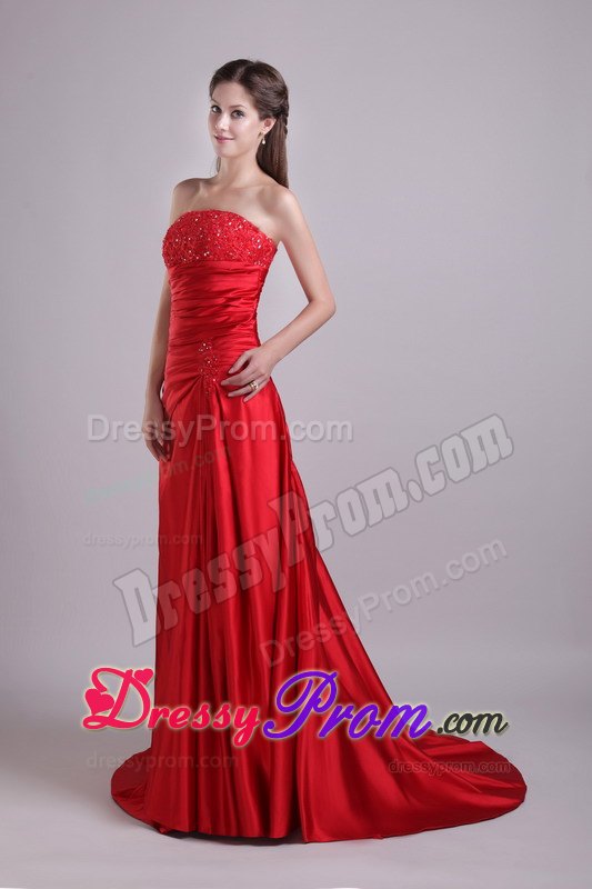 Red Empire Strapless Court Train Beading and Ruche Prom Dress