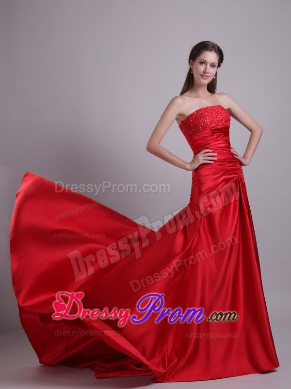 Red Empire Strapless Court Train Beading and Ruche Prom Dress