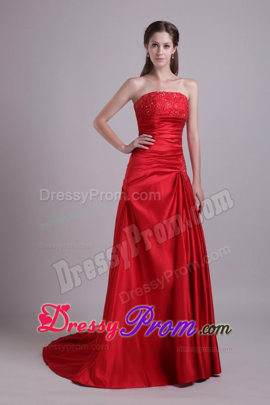 Red Empire Strapless Court Train Beading and Ruche Prom Dress