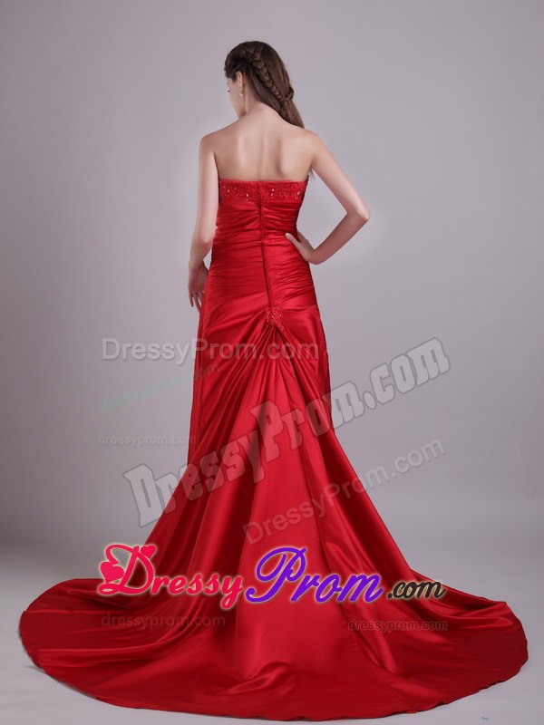 Red Empire Strapless Court Train Beading and Ruche Prom Dress