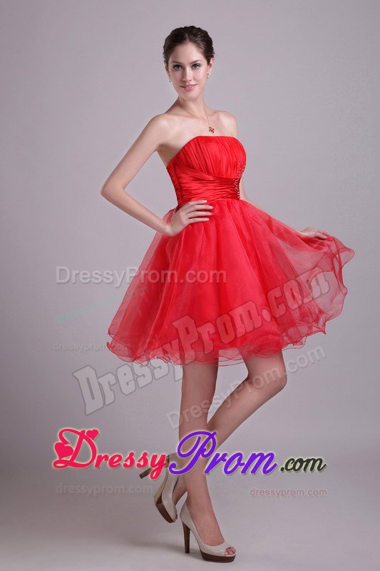 Red A-line Strapless Mini-length Organza Beading Prom Dress