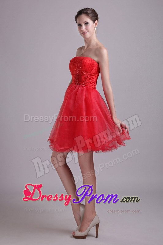 Red A-line Strapless Mini-length Organza Beading Prom Dress
