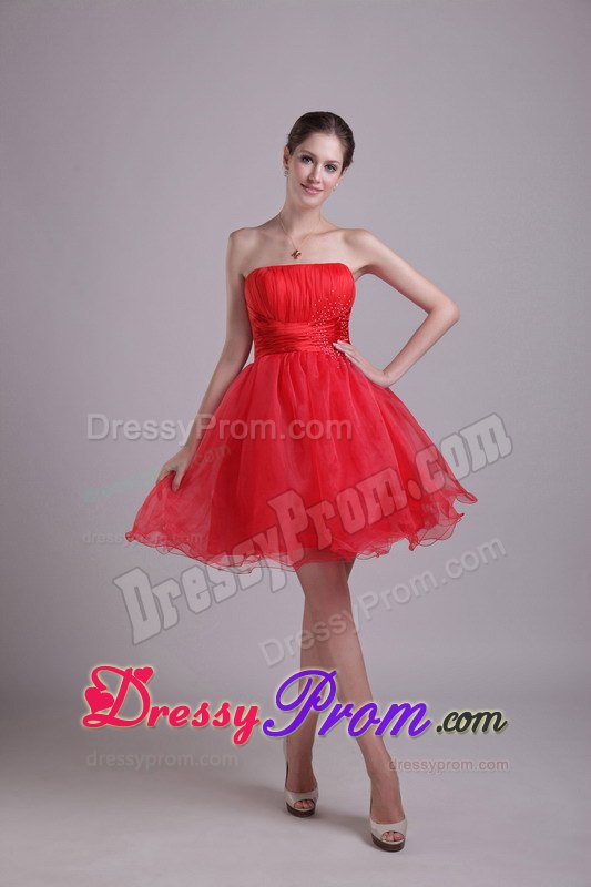 Red A-line Strapless Mini-length Organza Beading Prom Dress