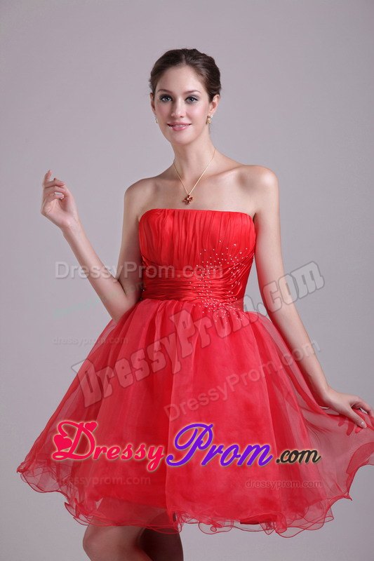 Red A-line Strapless Mini-length Organza Beading Prom Dress