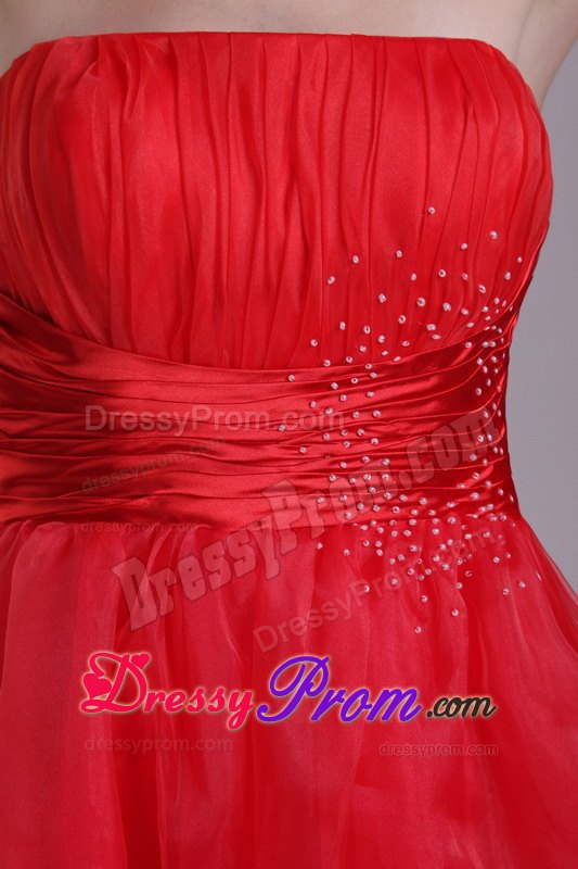 Red A-line Strapless Mini-length Organza Beading Prom Dress