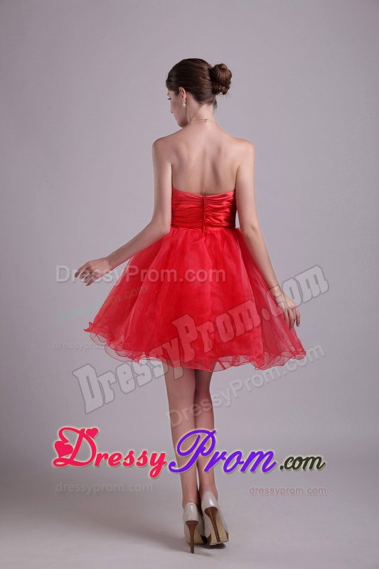 Red A-line Strapless Mini-length Organza Beading Prom Dress