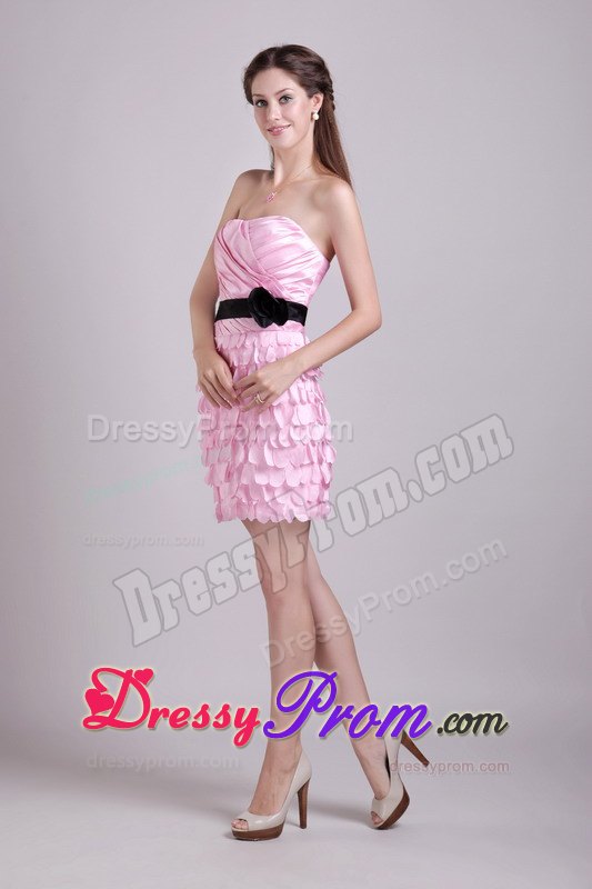 Pink Column Strapless Mini-length Prom Dress with Sash and Ruche