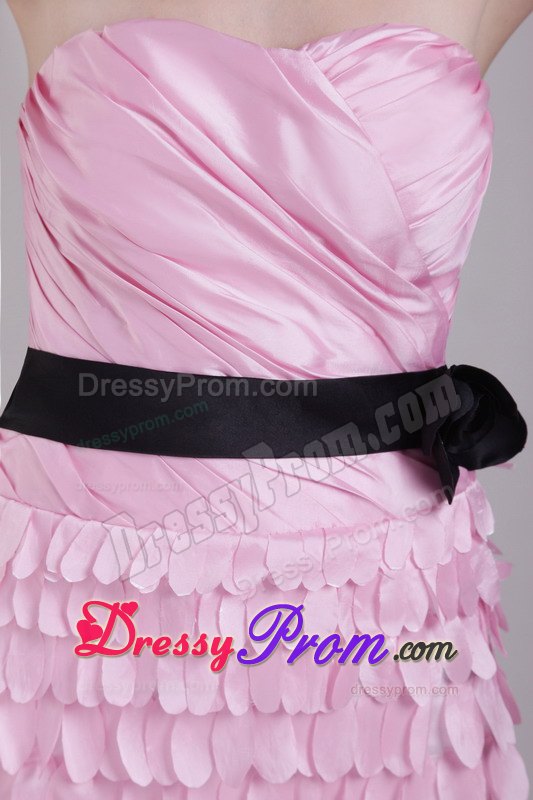 Pink Column Strapless Mini-length Prom Dress with Sash and Ruche
