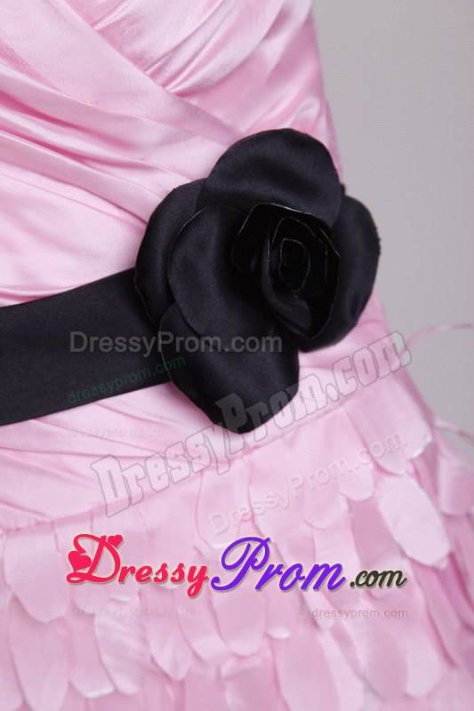 Pink Column Strapless Mini-length Prom Dress with Sash and Ruche