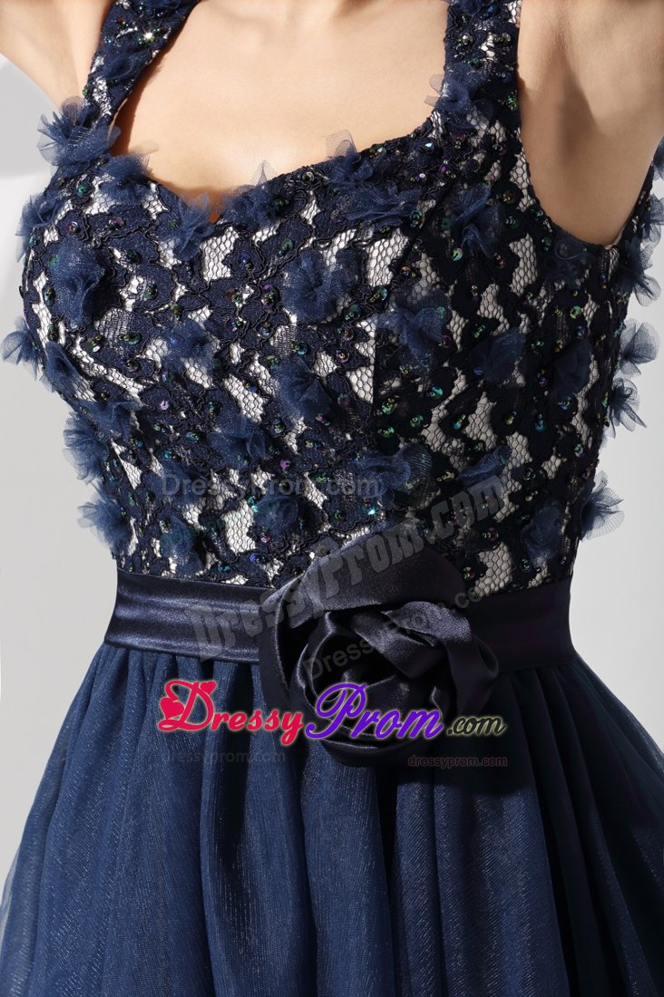 Straps Hand Made Flowers Sash Back Out Navy Blue Prom Formal Dress