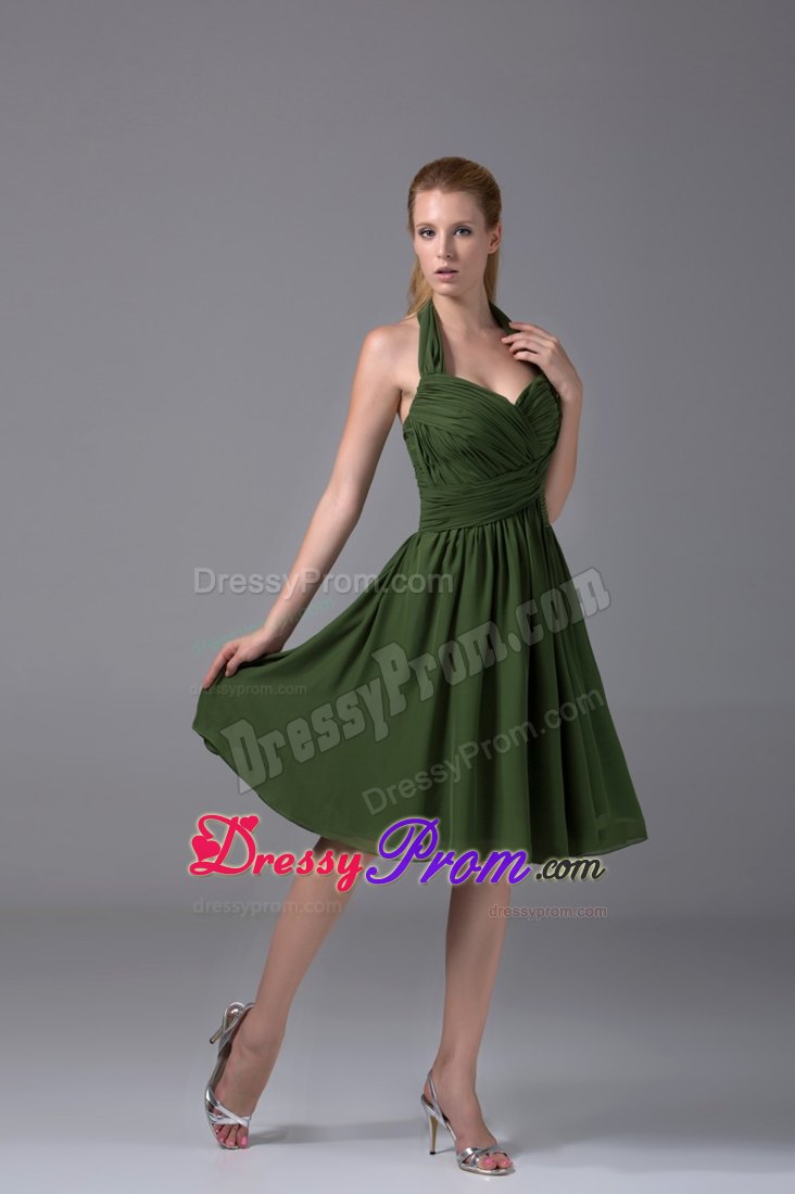 Dark Green Halter Ruched Chiffon Knee-length Prom Homecoming Dress