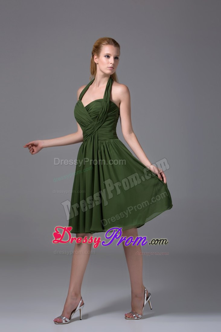 Dark Green Halter Ruched Chiffon Knee-length Prom Homecoming Dress