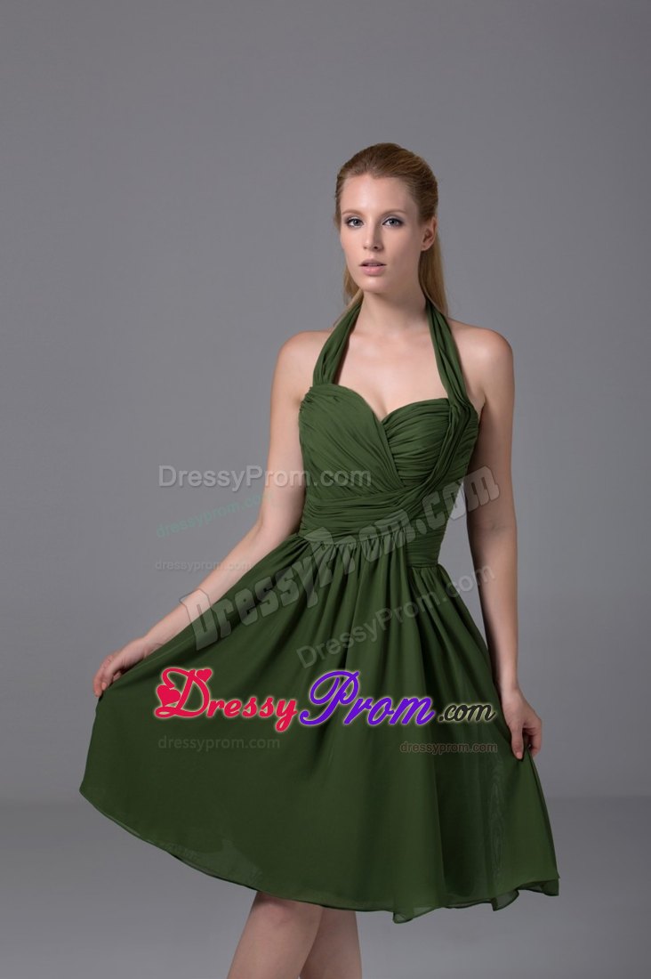 Dark Green Halter Ruched Chiffon Knee-length Prom Homecoming Dress