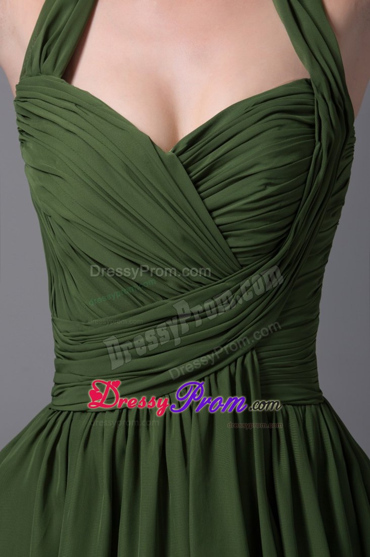 Dark Green Halter Ruched Chiffon Kneelength Prom Dress