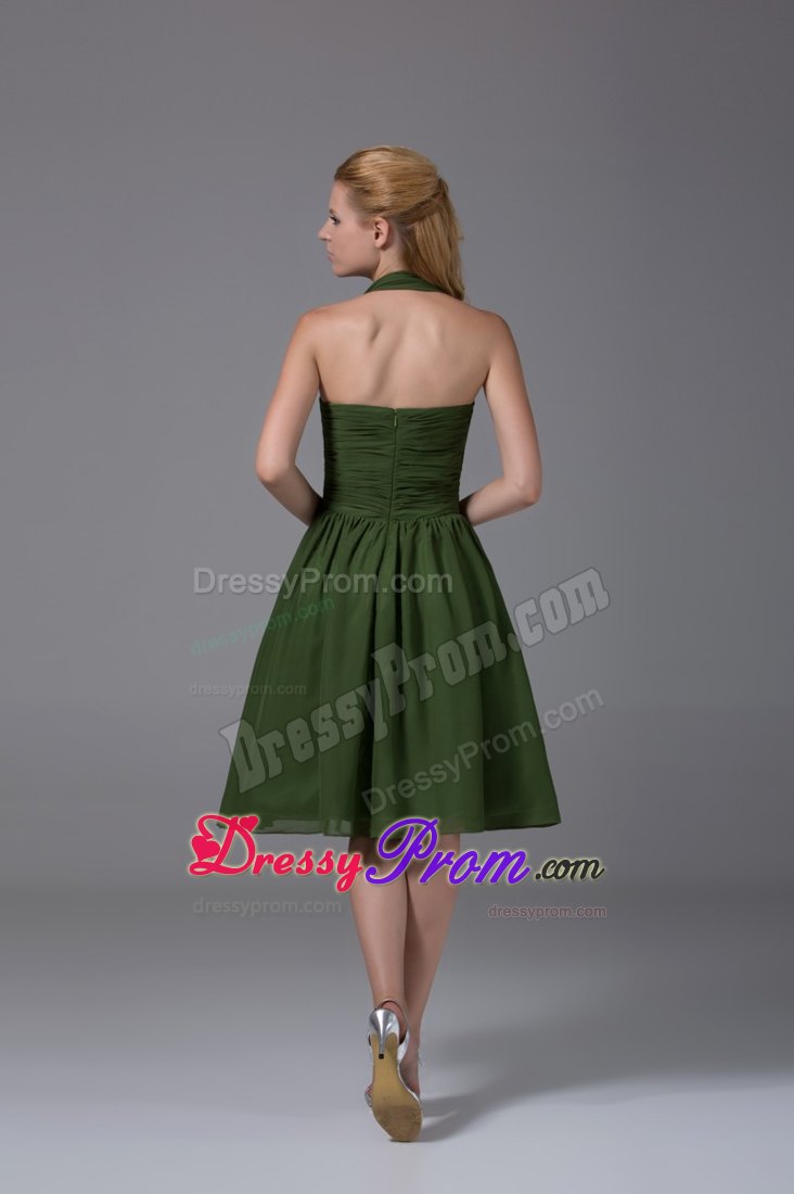 Dark Green Halter Ruched Chiffon Knee-length Prom Homecoming Dress