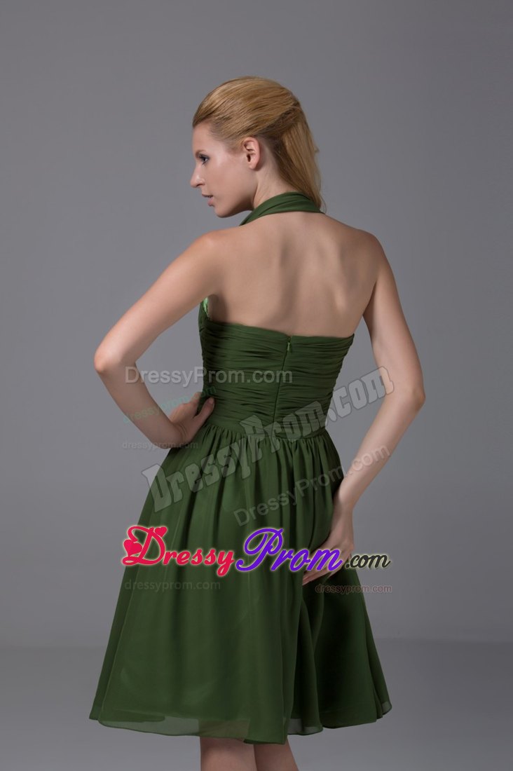 Dark Green Halter Ruched Chiffon Knee-length Prom Homecoming Dress