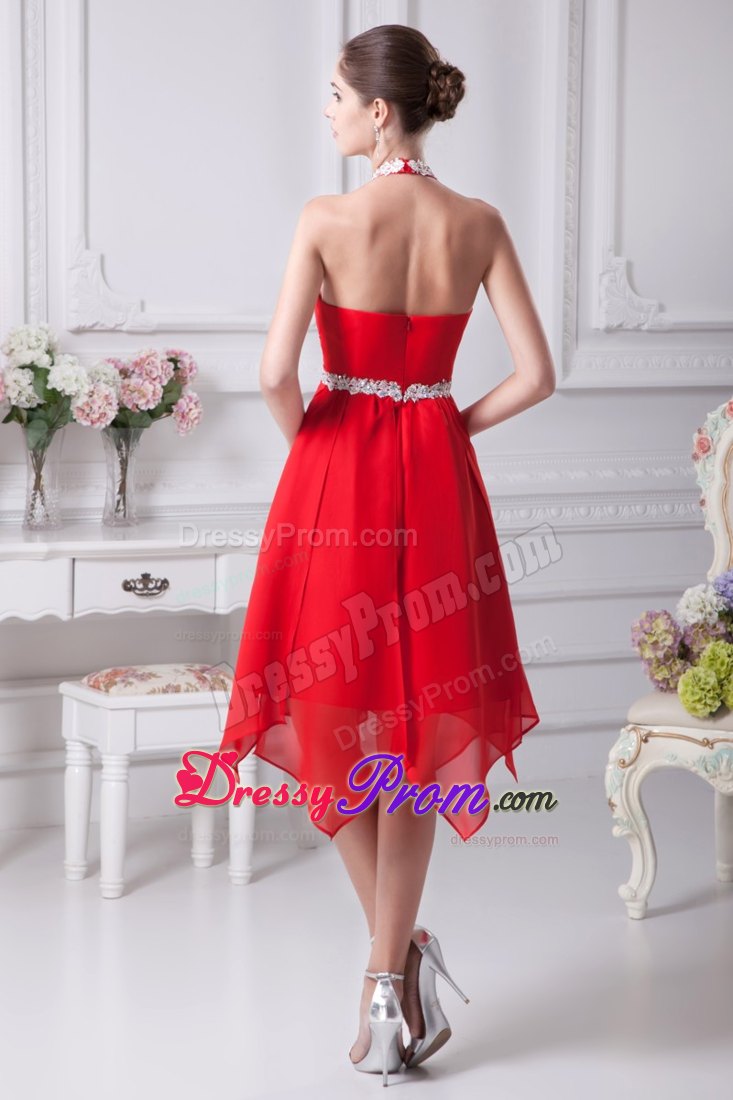 Appliques Halter Beaded Red Prom Party Dresses with Asymmetrical Hem