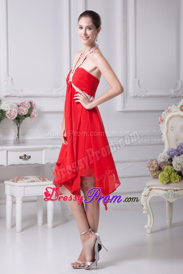 Appliques Halter Beaded Red Prom Party Dresses with Asymmetrical Hem