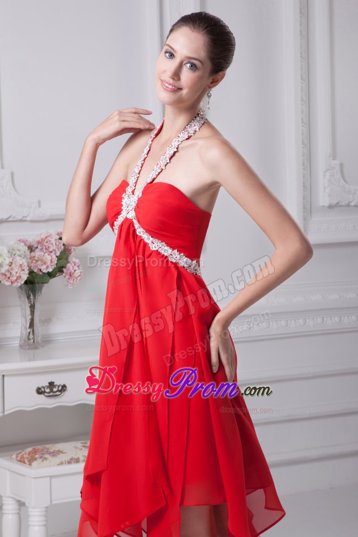Appliques Halter Beaded Red Prom Party Dresses with Asymmetrical Hem