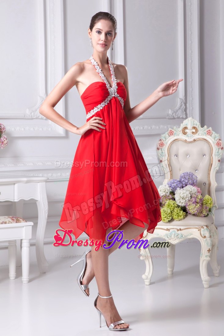 Appliques Halter Beaded Red Prom Party Dresses with Asymmetrical Hem