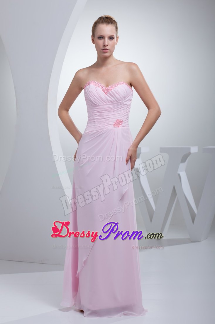 Stylish Ruched Baby Pink Chiffon Prom Gowns Beaded under 200