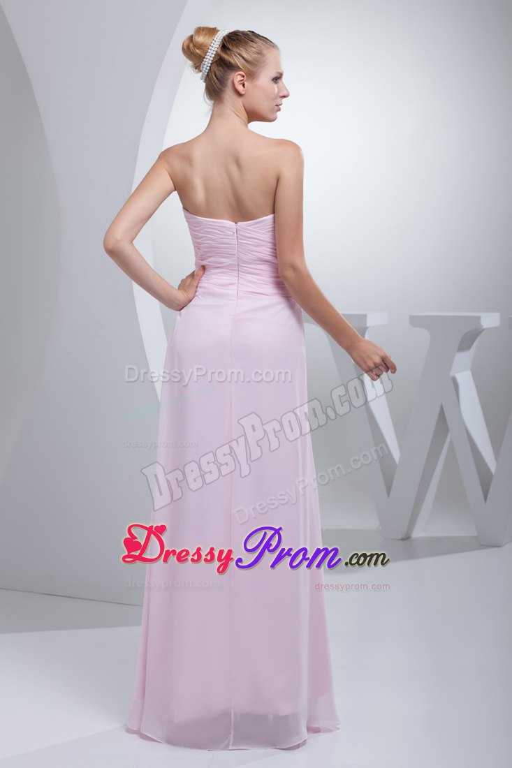 Stylish Ruched Baby Pink Chiffon Prom Gowns Beaded under 200