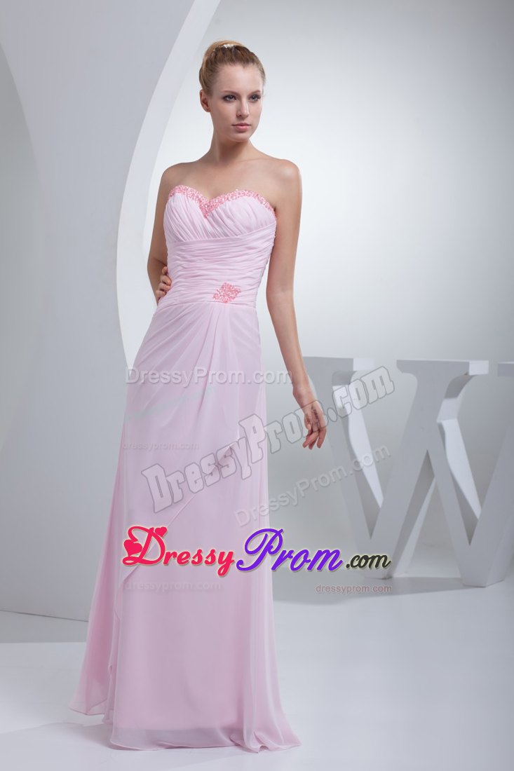 Stylish Ruched Baby Pink Chiffon Prom Gowns Beaded under 200