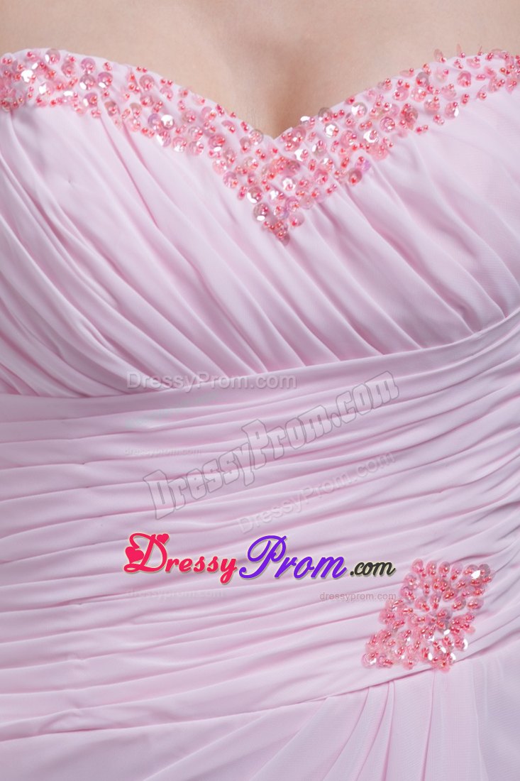 Stylish Ruched Baby Pink Chiffon Prom Gowns Beaded under 200