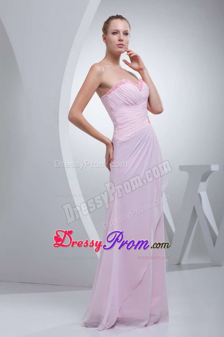 Stylish Ruched Baby Pink Chiffon Prom Gowns Beaded under 200