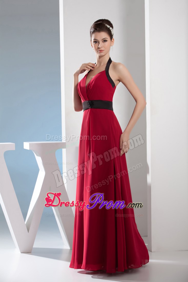Halter Column Red V-neck Prom Dress with Black Sash for Cheap