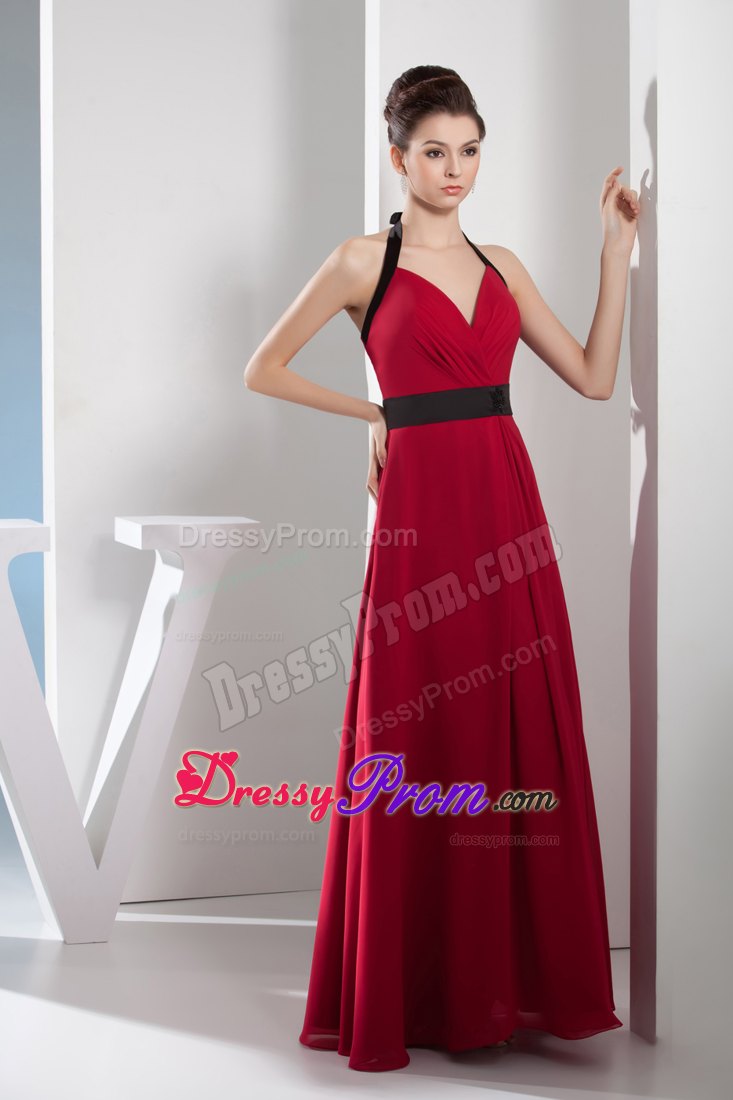 Halter Column Red V-neck Prom Dress with Black Sash for Cheap