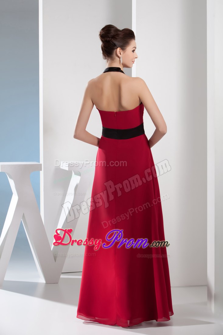 Halter Column Red V-neck Prom Dress with Black Sash for Cheap