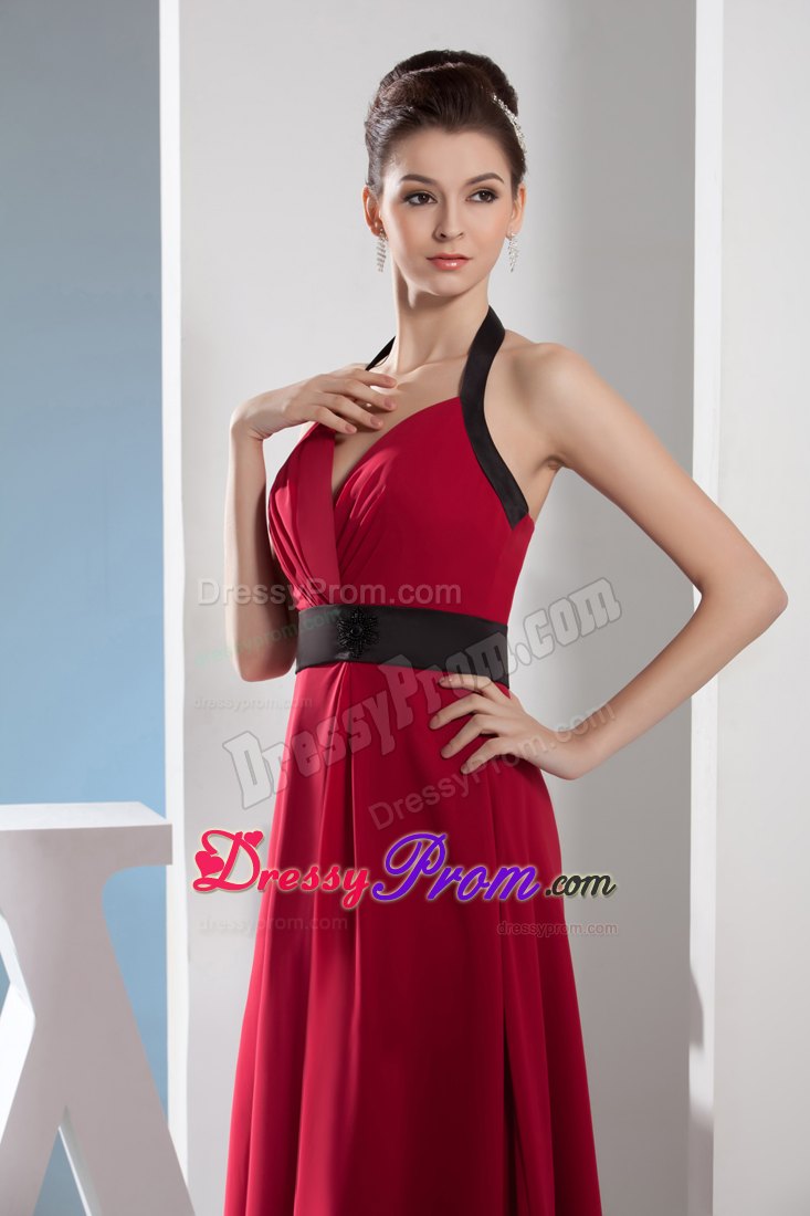 Halter Column Red V-neck Prom Dress with Black Sash for Cheap