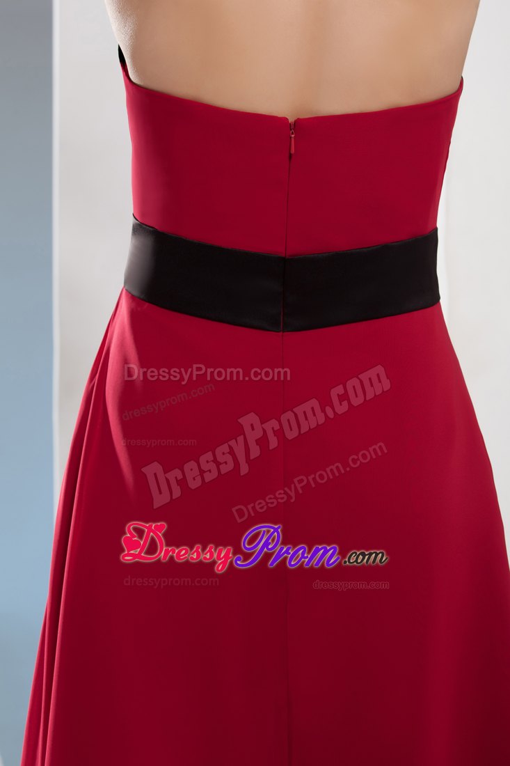 Halter Column Red V-neck Prom Dress with Black Sash for Cheap