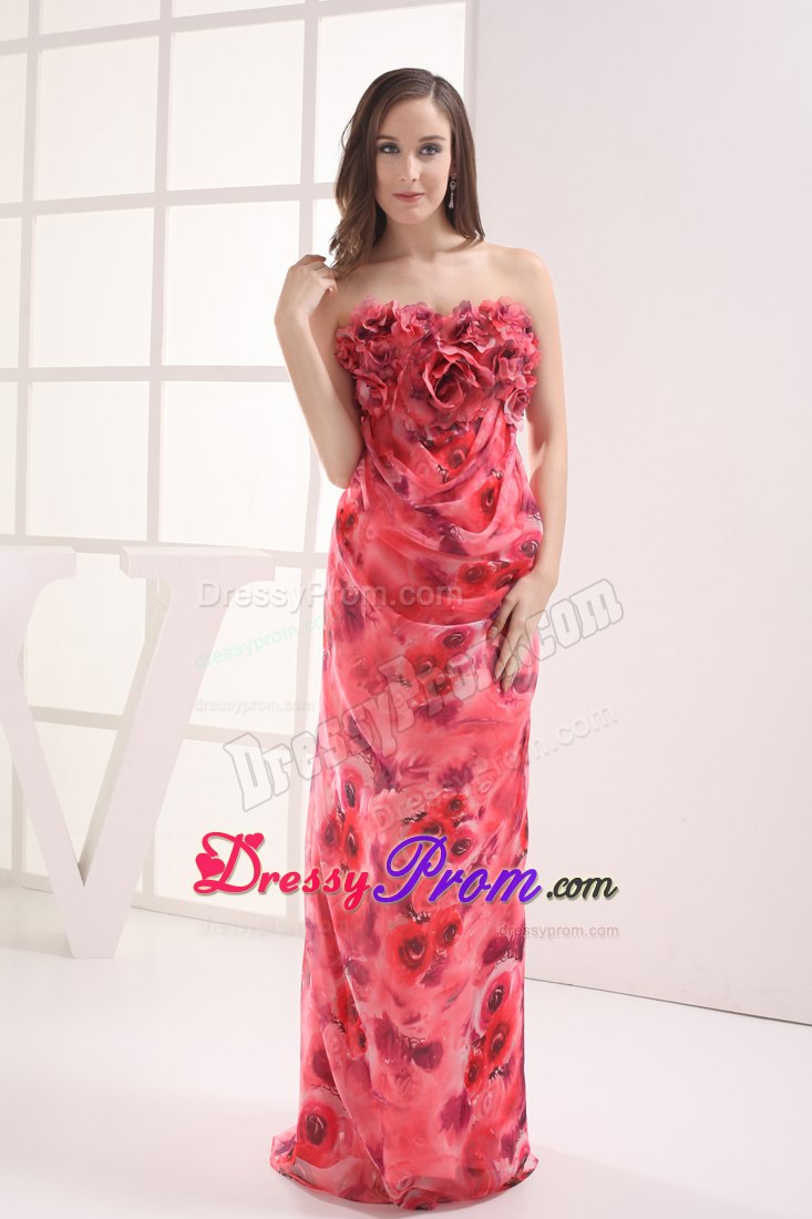 Printing Column Strapless Prom Dress with Hand Made Flowers