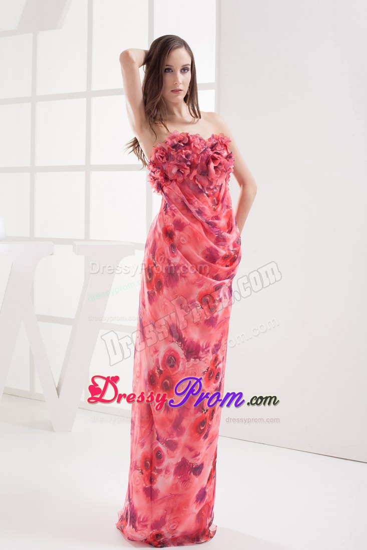 Printing Column Strapless Prom Dress with Hand Made Flowers