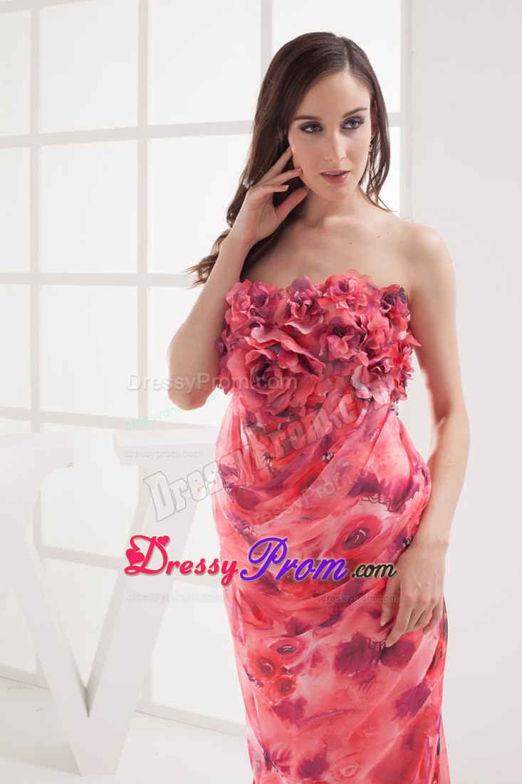 Printing Column Strapless Prom Dress with Hand Made Flowers