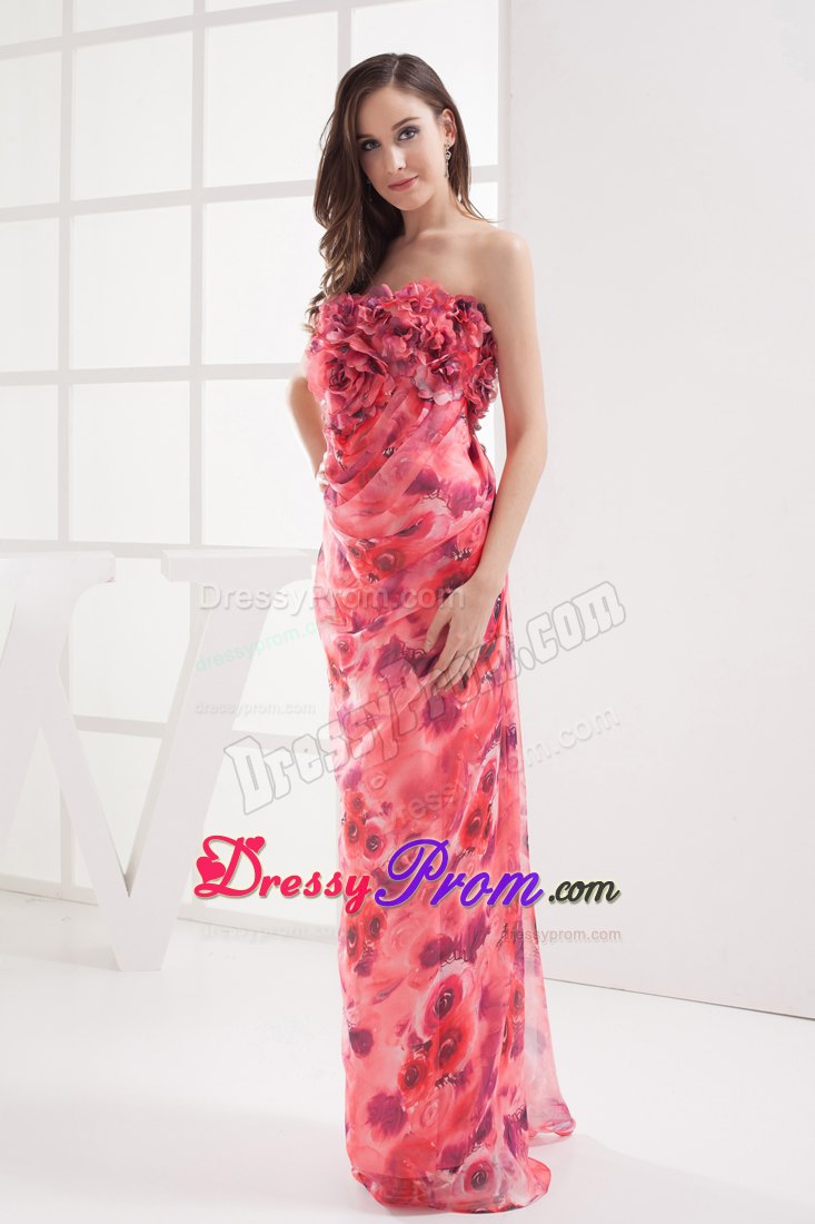 Printing Column Strapless Prom Dress with Hand Made Flowers