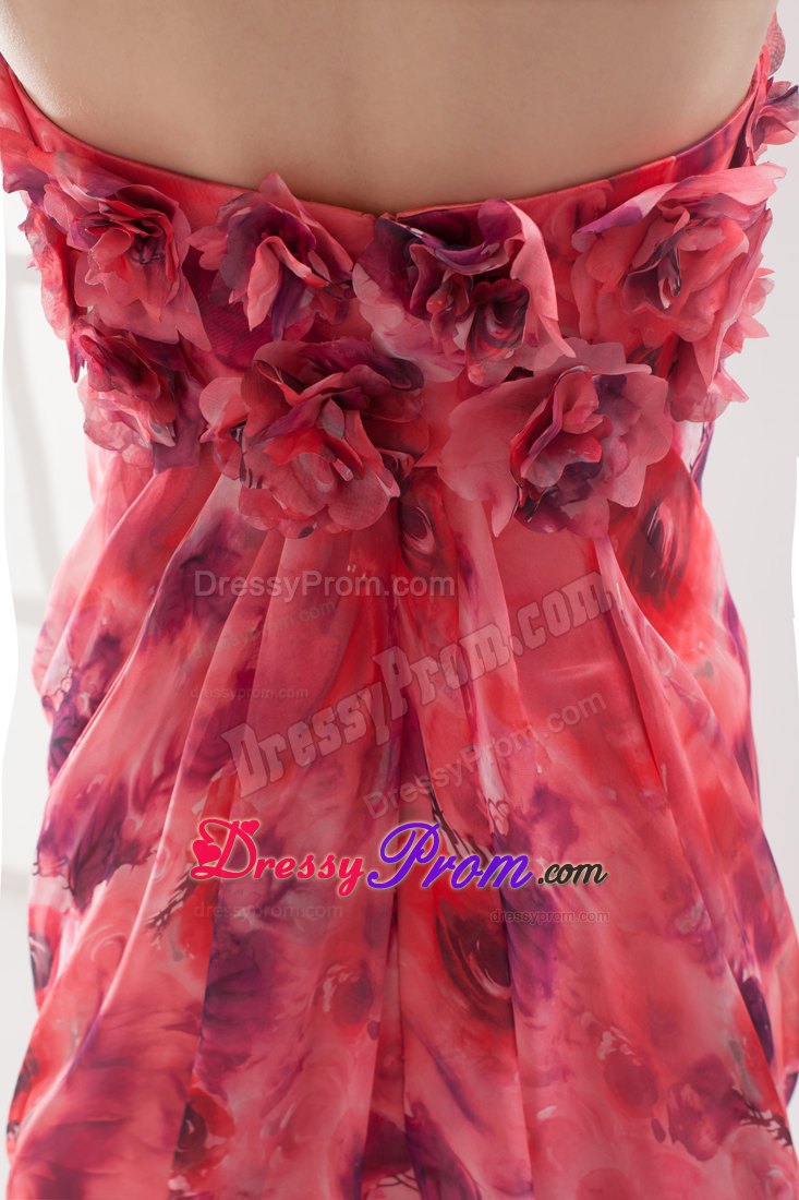 Printing Column Strapless Prom Dress with Hand Made Flowers