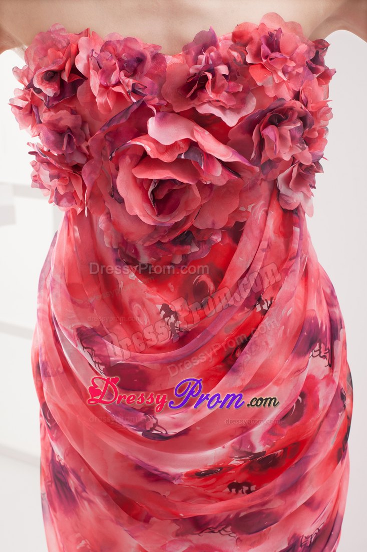 Printing Column Strapless Prom Dress with Hand Made Flowers